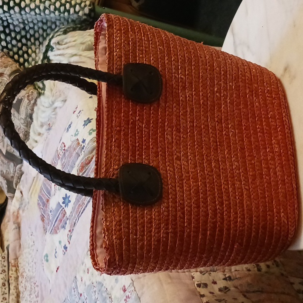 Pink Straw Satchel, 12 X 10, Vintage 1990s Bag, Linen Lined - Picture 3 of 6